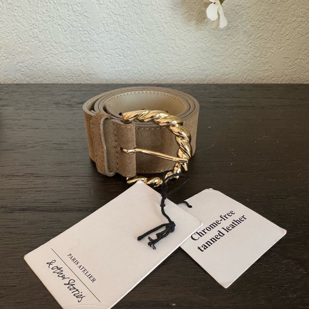 & Other Stories Taupe Suede Belt with Gold Twisted Buckle